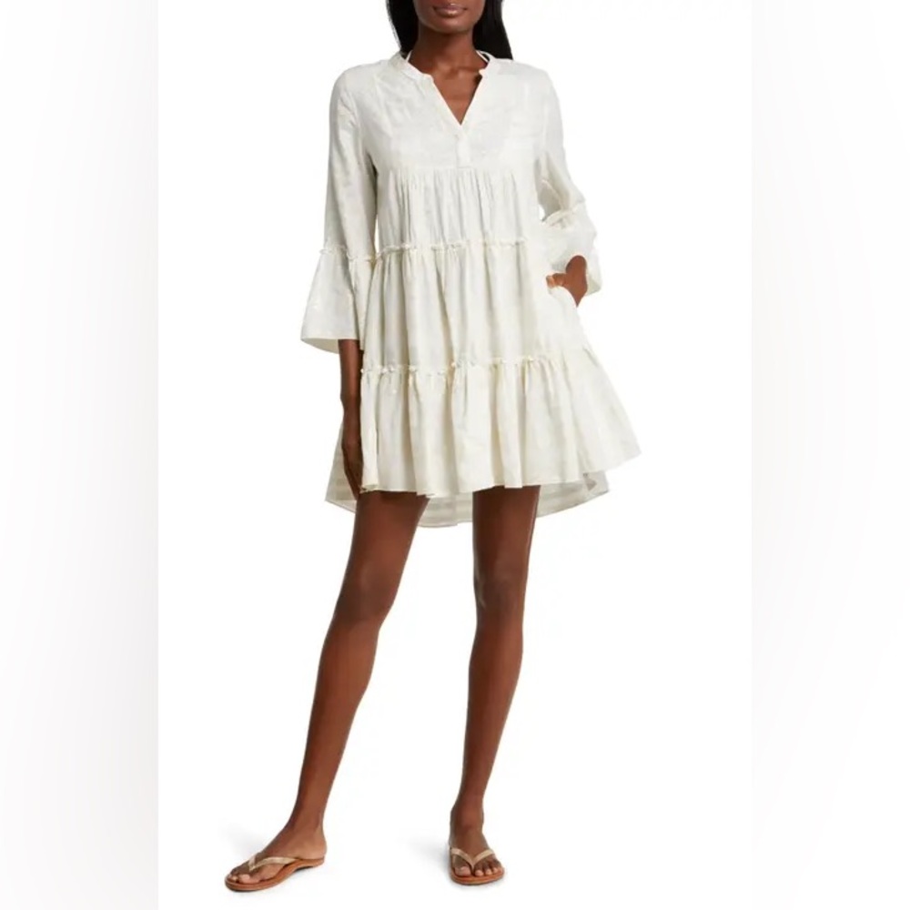 Elan Cream & Metallic Gold Long Sleeves Cover up Mini Dress NWOT,Sz : S